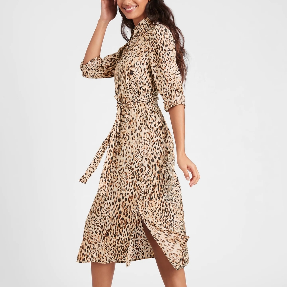 Satin Leopard Midi Shirt Dress